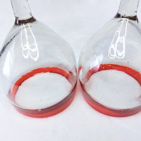 Hand Blown Mexican Wine Margarita Glasses Red Rim Set of 2 Water Goblet Balloon - Picture 4 of 12